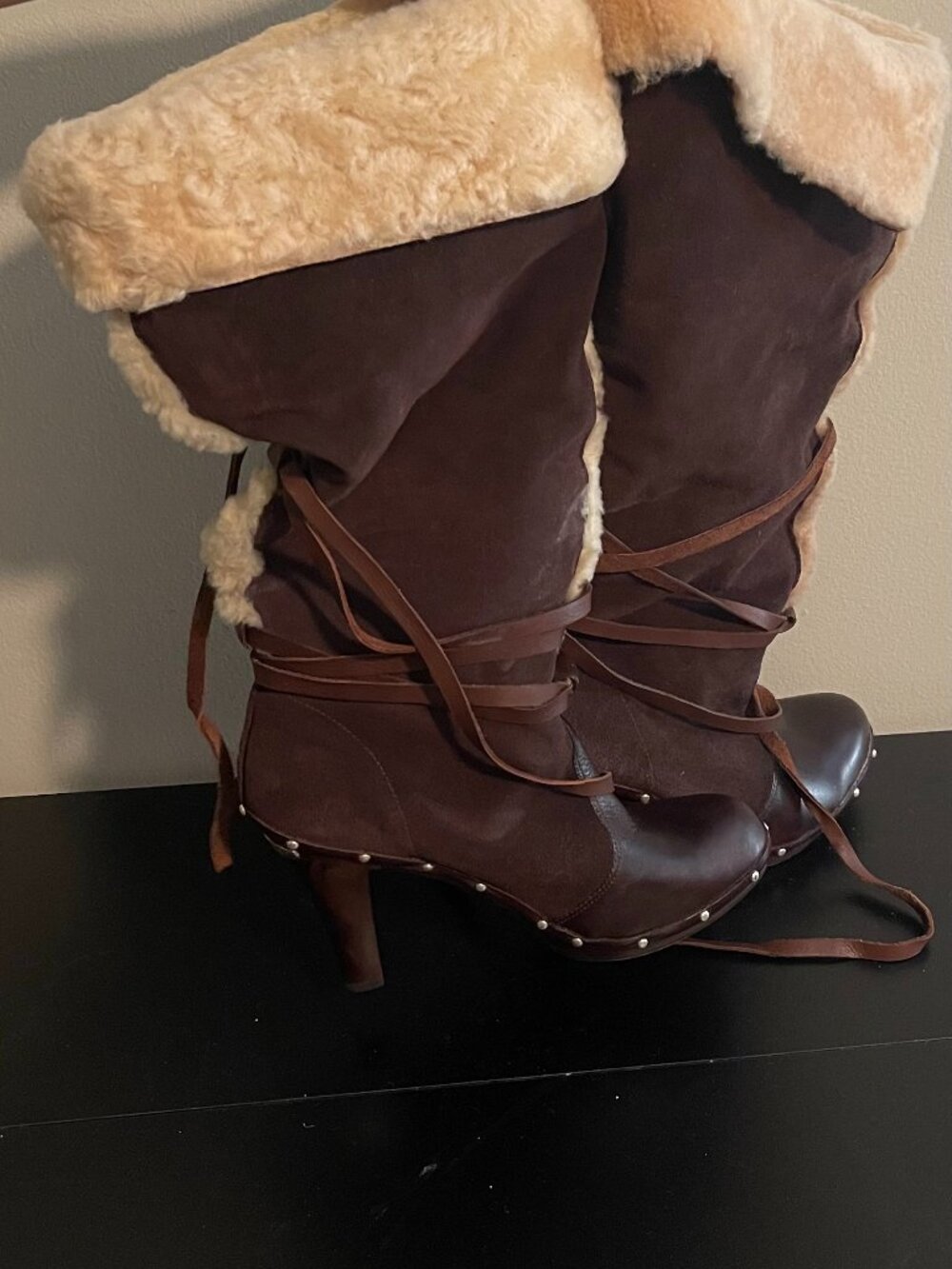 Michael Kors Shearling Fur Leather Studded Platform Clog Boots Sz 7